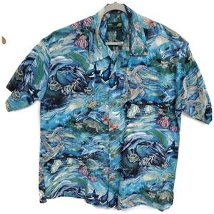 Moon‎ Dog Shirt Mens Extra Large Blue Green Hawaiian Aloha Button Up Ocean Print